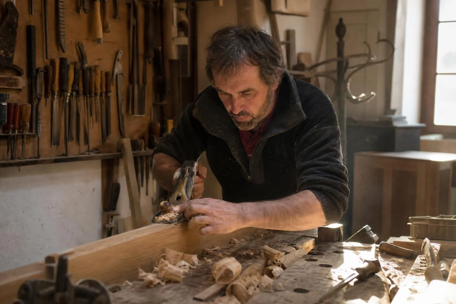 Un ébéniste rabote une planche de chêne dans son atelier