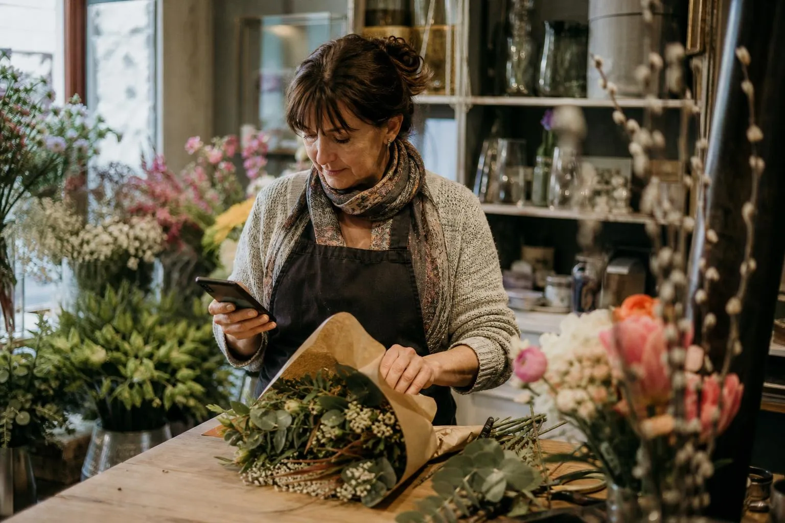 Une fleuriste emballe un bouquet en consultant son téléphone
