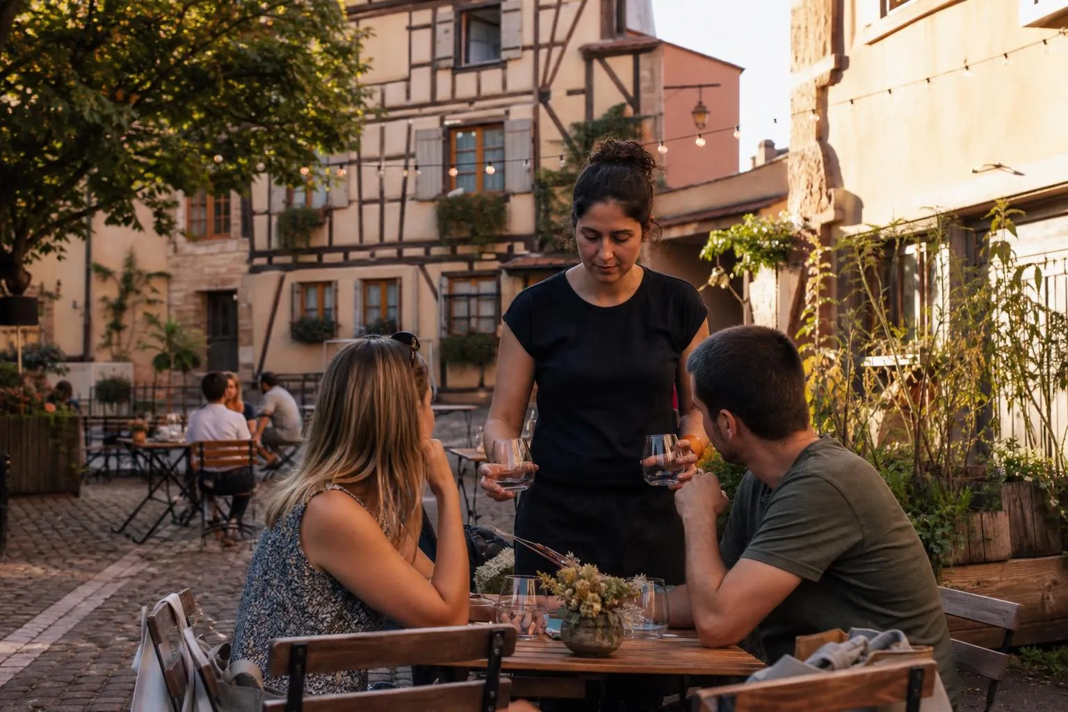 Une serveuse apporte deux verres à un couple en terrasse, au soleil couchant