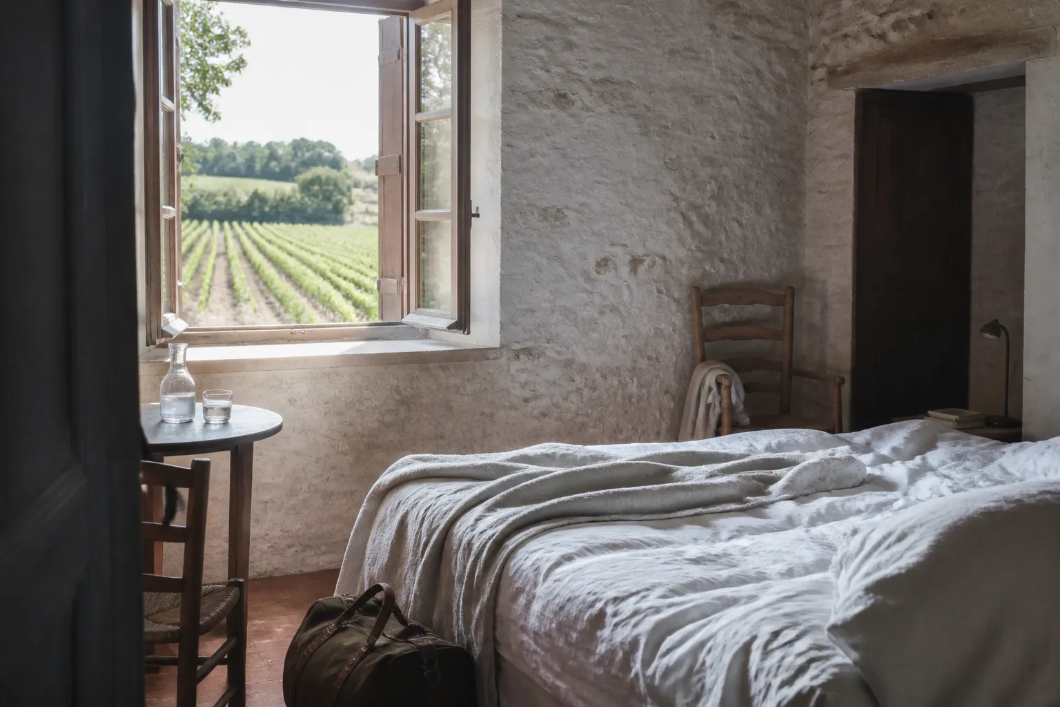 Une chambre simple en pierre ouverte sur les rangs de vigne