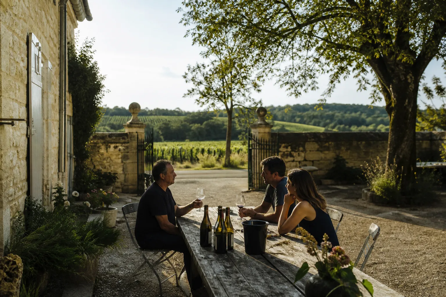 Des visiteurs dégustant les vins avec le vigneron dans la cour du domaine